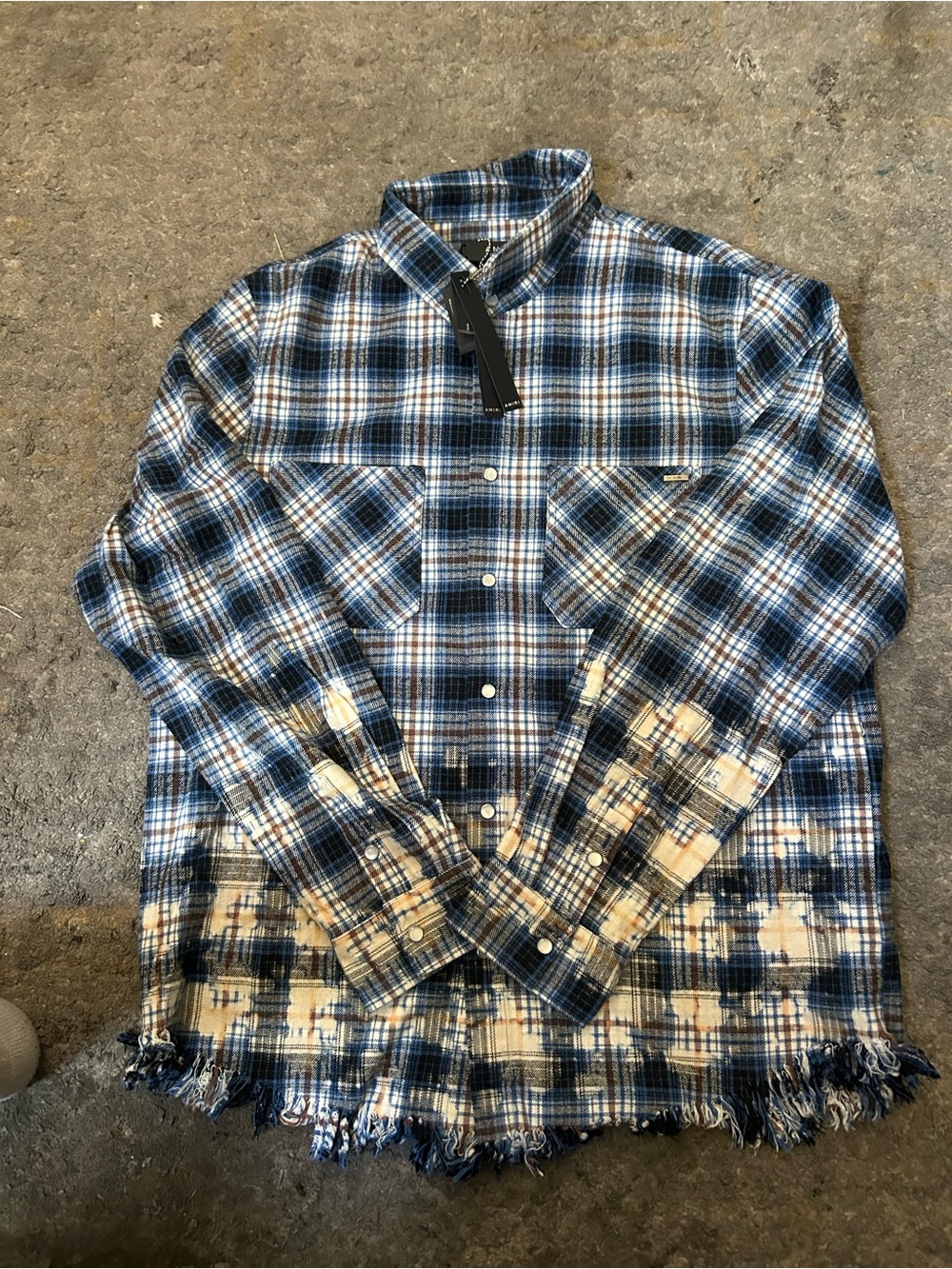 AMIRI Blue Black White Plaid Flannel Shirt says xl fits like a large